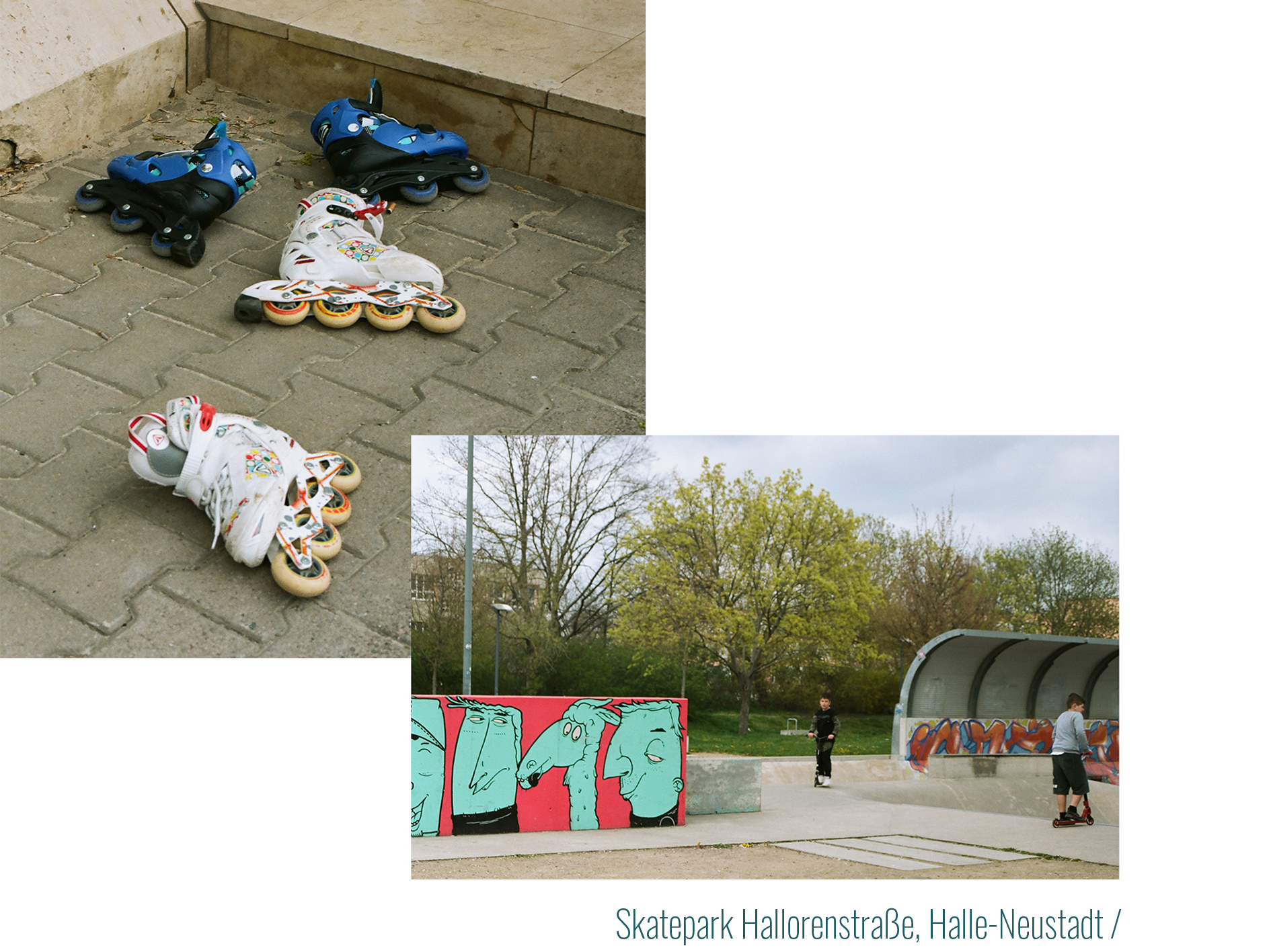 Ein Skatepark in Halle-Neustadt - 
            Bild 1: Bunte Inline-Skates liegen zurückgelassen auf dem Gehsteig.
            Bild 2: Aus der Ferne sind zwei Jungs auf Rollern und eine Mauer mit Graffitifiguren zu sehen.
            