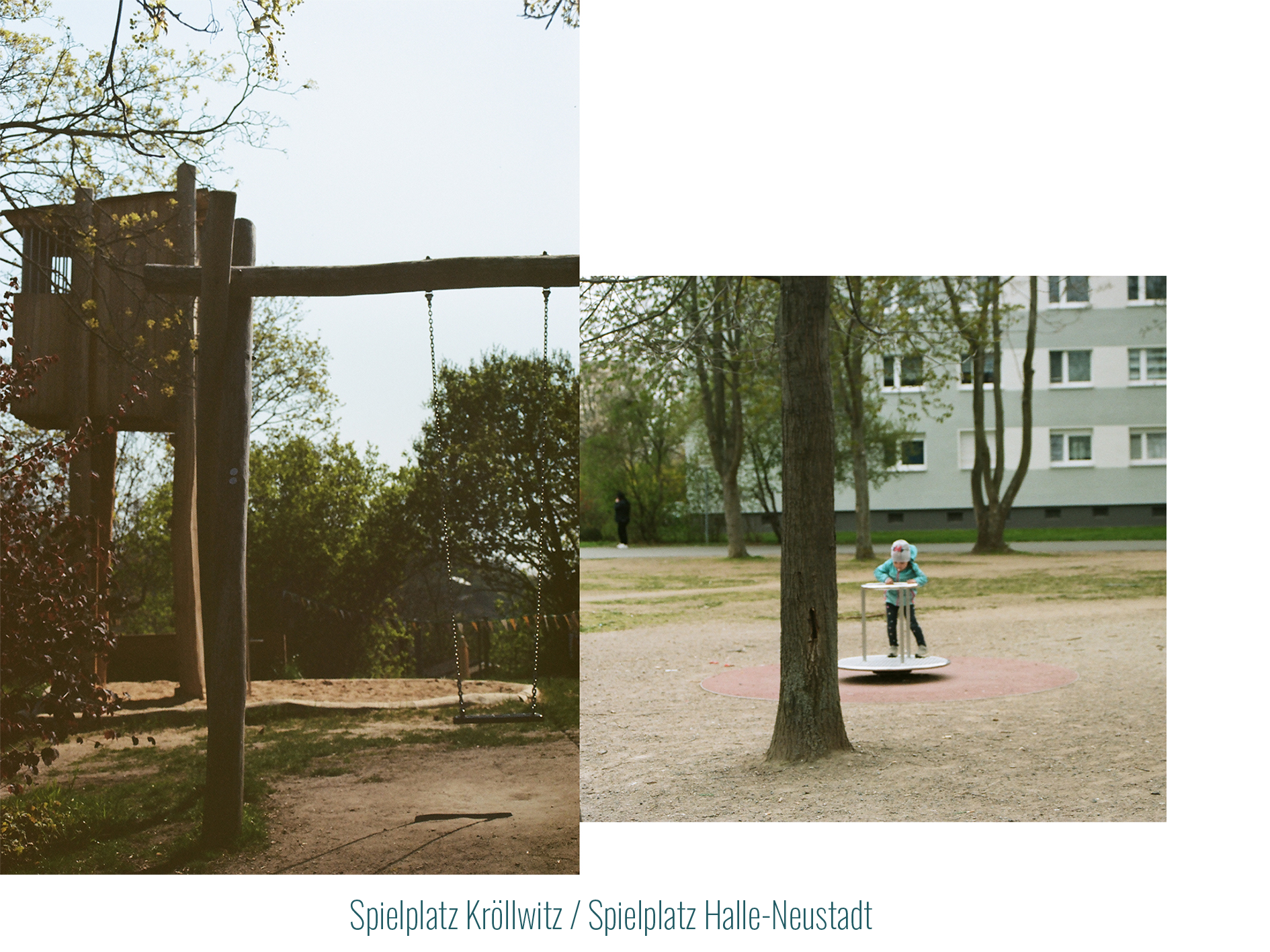 Spielplatz, Kröllwitz: In der Natur gelegner Holzspielplatz mit Schaukel und Sandkasten. 
            In Kontrast zu Spielplatz, Halle-Neustadt: einem Spielplatz zwischen Plattenbau, auf dem ein Kind auf einem Karussell steht.